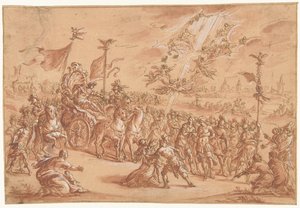 Een heilige bisschop knielt terzijde van de stoet van een Romeinse Imperator door Bernardo Castello (attributed to)