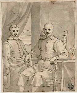 Portret van een zittende geestelijke en een staande jongen door Bernardo Castello