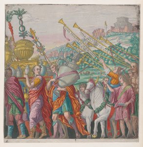Mannen die trofeeën dragen links, trompetters rechts, uit De Triomf van Julius Caesar