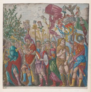 Blad 7: processie van Muzikanten en anderen met standaarden, uit De Triomf van Julius..., 1599