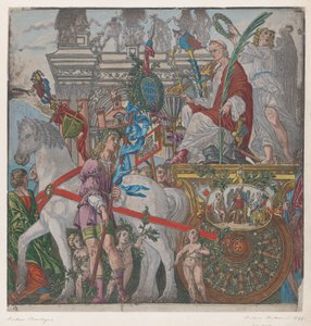 Blad 9: Julius Caesar in zijn door paarden getrokken wagen, uit De Triomf van Julius Caesar, 1599