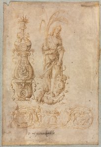 Ontwerp voor een Kandelaar, Allegorisch Figuur van Overvloed, Ornamenteel Reliëfontwerp, ca. 1490s