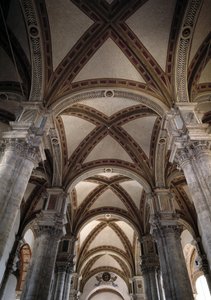 Uitzicht op de gewelven van het schip van de kerk van Pienza geprojecteerd door Bernardo Rossellino