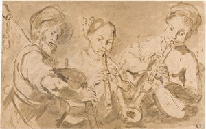 Drie muzikanten spelen hoorns en pijp