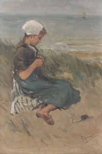 Meisje dat breit in de duinen