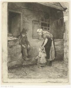 Vrouw met klein kind staat bij zittende oude man voor arbeiderswoning door Bernardus Johannes Blommers