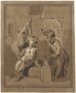 Drie putti bij een aambeeld