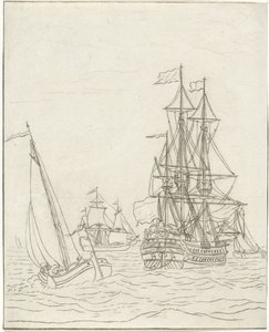 Oorlogschip en drie zeilschepen op volle zee door Bernhard Schreuder
