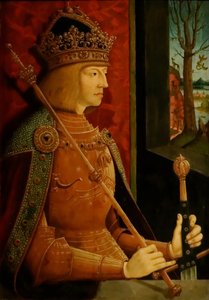 Keizer Maximiliaan I 1459-1519, met kroon, scepter en zwaard, ca. 1500 door Bernhard Strigel