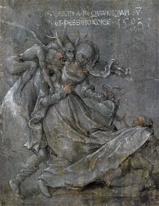 Paar geliefden met de Duivel en Cupido