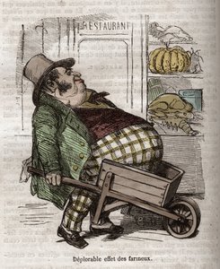 Obesitas - Des Gourmands - betreurenswaardig effect van zetmeelhoudende stoffen - gravure in 