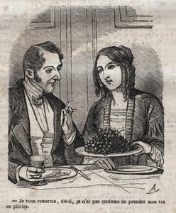 Dank u, ik ben niet gewend mijn wijn in pillen (druiven) te nemen - gravure in 