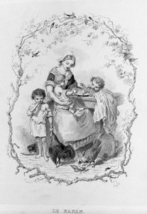 De nanan: een jonge moeder geeft voedsel aan haar drie kinderen in “La Physiologie du Gout”” door Brillat - Savarin geïllustreerd door Bertal. Parijs 1840. Jean Anthelme Brillat Savarin (Brillat-Savarin) (1755-1826) Franse gastronoom. door Bertall