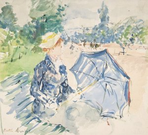 Een vrouw zittend op een bankje aan de Avenue du Bois, 1885 door Berthe Morisot