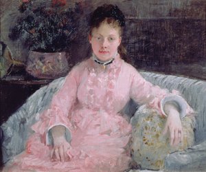 Portret van een Vrouw in een roze jurk door Berthe Morisot