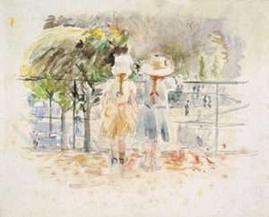Twee kleine meisjes bij een balustrade aan het meer in de Jardin des Tuileries, Parijs door Berthe Morisot