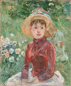 Jong meisje op het gras, de rode lijfje Mademoiselle Isabelle Lambert, 1885 door Berthe Morisot