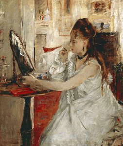 Jonge vrouw die haar gezicht poedert door Berthe Morisot