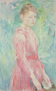 Jong meisje in een roze jurk (pastel op papier)