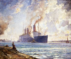 De Aquitania komt Southampton Water binnen door Bertram Priestman