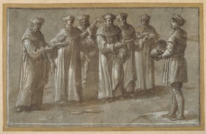 Zes professoren in de anatomie, die een schedel en gevilde ledematen bespreken