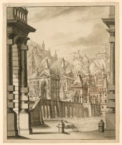 Toneelontwerp, Stad op Heuvel met Getorende Gebouwen