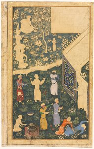 Muzikanten en bedienden buiten een koninklijk kampement recto, ca. 1485 door Bihzad