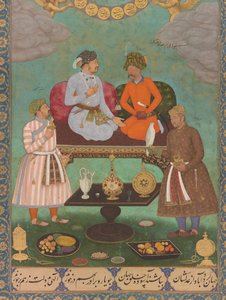 Jahangir entertaint Shah Abbas uit het St. Petersburg Album (detail) door Bishandas