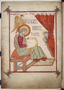 St. Matteüs, schrijvend, met zijn symbool, uit de Lindisfarne-evangeliën, 710-721 door Bishop of Lindisfarne Eadfrith