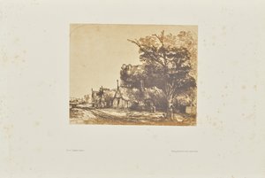 [Landschap met drie huisjes met puntgevels langs een weg].
