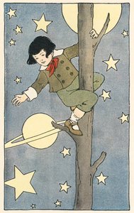 Jongen klimt in een boom tussen de sterren en planeten door Blanche Fisher Wright