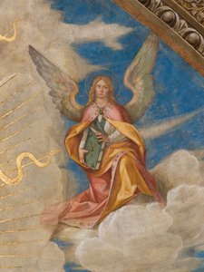 Apsis, Catino Apsis, Pantocrator tussen Heiligen Marcellino, Imerio, Omobono, Peter Exorcist (detail engel rechts) door Boccaccio Boccaccino