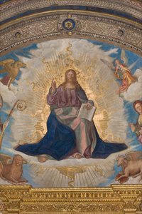 Apsis, Catino Apsis, Boccaccio Boccaccino, Pantocrator tussen Heiligen Marcellino, Imerio, Omobono, Petrus Exorcist, Detail Pantocrator door Boccaccio Boccaccino