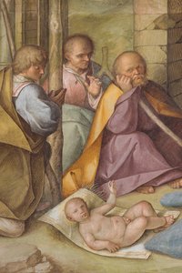 Centrale Schip, Vierde Noord Span, Aanbidding van de Herders, Boccaccio Boccaccino 1516-17, Detail door Boccaccio Boccaccino