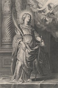 Sint Catharina met palmtakken en een zwaard, twee putti boven haar met een lauwerkrans door Boetius Adams Bolswert