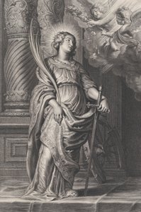 Sint-Catharina met palmtakken en een zwaard, twee putti boven haar houden een lauwerkrans..., ca. 1625-59. door Boetius Adams Bolswert
