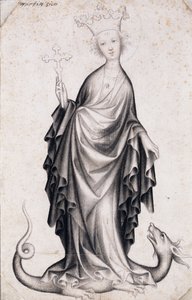 Sint Margaretha van Antiochië (overleden rond 305) (Saint Margaret) (zij houdt een crucifix vast en vertrapt een draak) - Werk van een meester uit Bohemen (actief 1410-1420), potlood en penseel op papier (21,4x14 cm), rond 1410 - Szepmuveszeti Muzeum, Boed door Bohemian School