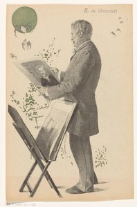 Edmond de Goncourt bekijkt een prent, naast hem een prentstandaard door Boileau