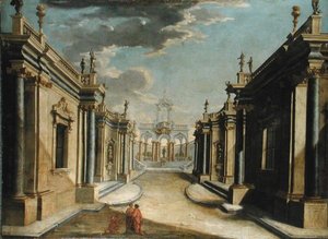 Een architectonische capriccio die het verhaal van de dochters van Minyas uitbeeldt