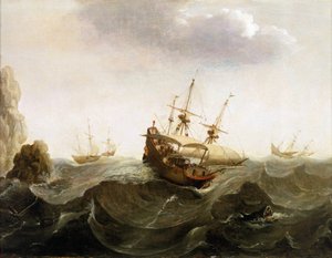 Een Nederlands handelsschip naar Oost-Indië laat twee haringvissersboten passeren, midden 17e eeuw, door Bonaventura Peeters door Bonaventura Peeters