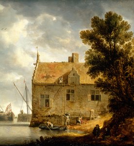 Bouwers repareren een huis bij een rivier