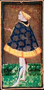 Valet de denier kaart. Kaart van het Tarotspel gemaakt door Bonifacio Bembo (1420-1482) voor Filippo Maria Visconti, circa 1440. Bergamo. Galleria dell