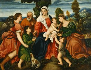 De Heilige Familie met Tobias en de Engel, Sint Dorothea, Giovannino, en het Wonder van het Graan daarachter