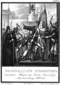 Grootvorst Alexander Michailovitsj in Pskov. 1329 Uit Geïllustreerde Karamzin, 1836 door Boris Artemyevich Chorikov