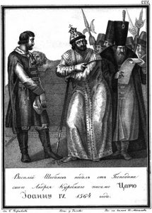 Ivan de Verschrikkelijke ontvangt een brief van Andrey Kurbsky. 1564 Uit Geïllustreerde Karamzin