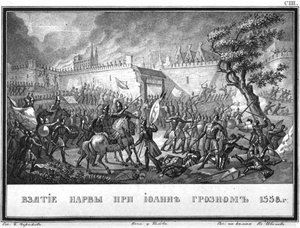 Het Russische leger verovert Narva op 11 mei 1558 Uit Geïllustreerde Karamzin, 1836 door Boris Artemyevich Chorikov