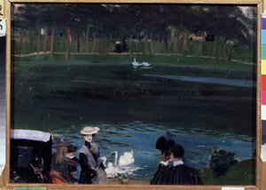 Bois de Boulogne. Het meer met zwanen en wandelaars door Boris Mikhailovich Kustodiev