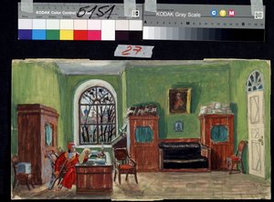 Decorontwerp voor het toneelstuk De dood van Pasoechin van Michail Saltykov-Sjtsjedrin door Boris Mikhailovich Kustodiev