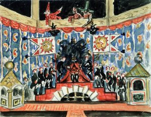 Decorontwerp voor het stuk De Vlo door E. Zamyatin door Boris Mikhailovich Kustodiev