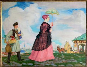 Koopmansvrouw met aankopen door Boris Mikhailovich Kustodiev